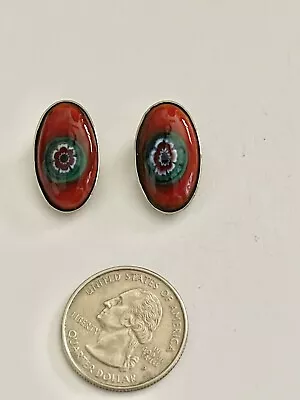 Vintage Mid Century Oval Red Millefiori Murano Italian Glass Beads Clip Earrings • $39.99