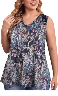 Women's Plus Size Top Sleeveless V Neck Vivi Fashion Print Tunic Size 4XL Blue • $7.99