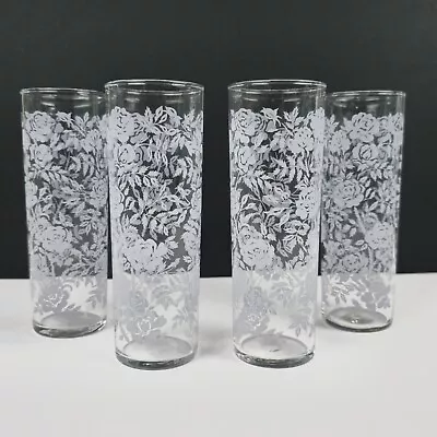 4 MCM Libbey White Rose Tom Collins Highball Glasses 14 Oz. Vintage  • $34