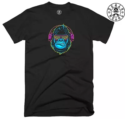 Gorilla Headphones T Shirt Music Clothing Rock Metal Band Goth Retro Classic Top • £11.99