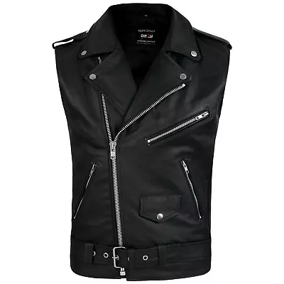 DEFY Men's Sleeveless Biker Style Classic Vest Belted Punk Genuine Leather Vest • $29.99