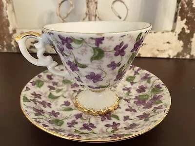 Lefton Chintz Pedestal Tea Cup & Saucer 1950’s Purple Violets Gold Trim 2119 • $14