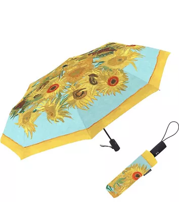 Sunflowers  Van Gogh Print Compact Travel Umbrella Black Blue Rain Caper • $29.99