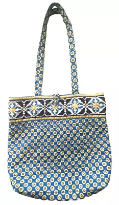 Vera Bradley Large Tote Shoulder Bag  RIVIERA BLUE  Handbag Blue Yellow Cotton • $16.99