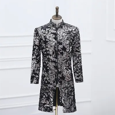 Men Glitter Long Suit Jacket Shiny Blazer Coat Sequin Dinning Evening Party Chic • $79.79