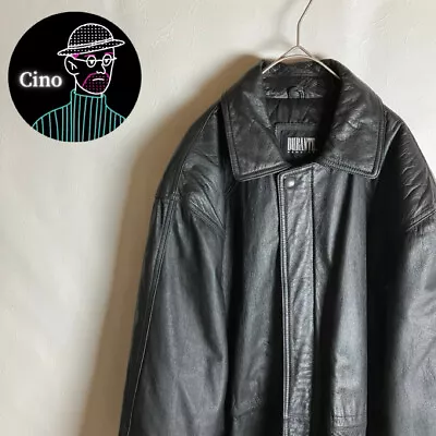 Vintage Old Clothing Leather Jacket Cow Leather Long Simple Quilted Black  (L) • $229.63