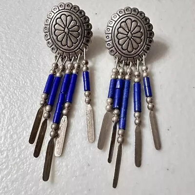 Vintage Carolyn Pollack Sterling Silver QT (Quoc) Lapis Earrings Dangle Concho • $28