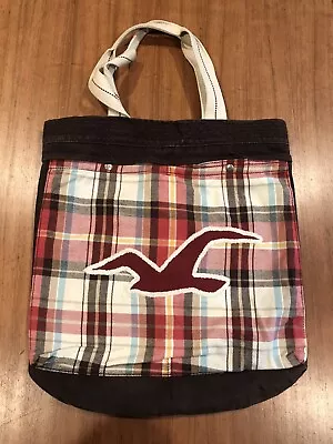 HOLLISTER Red Logo Flannel Red Brown White Plaid Tote Bag • £19