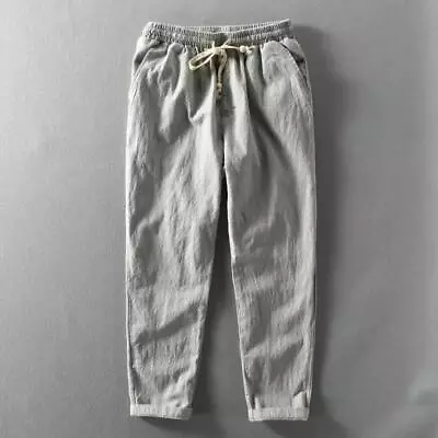 Summer Elastic Waist Solid Color Men's Cotton Linen Pants Ankle Length Trousers • $28.99