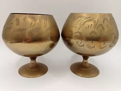 2 Vintage Hand Engraved Brass Goblets Marked India  • $9.95