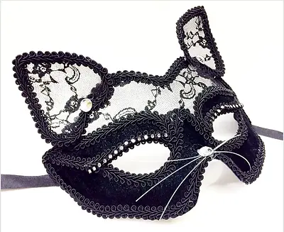 £11.99 • Buy Black Lace Cat Mask & Ears Venetian Masquerade Mask Fancy Dress Woman New Gato