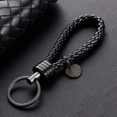 1x Car Keychain Black Leather Rope Strap Weave Keyring Key Chain Key Ring Fob • $4.74