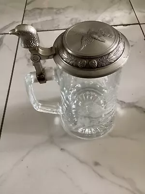 Vintage Domea Glass Beer Stein With Pewter Eagle Lid And Etched Eagle Scene • $22.50