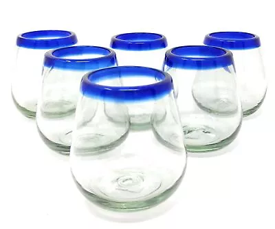 Hand Blown Mexican Stemless Wine Glasses - Set Of 6 Glasses W/ Blue Rims (15oz) • $48.99