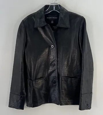 Ellen Tracy Black Leather Croc Embossed Button Front Moto Biker Jacket Womens S • $40
