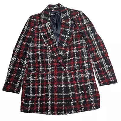 Zara Blogger Fav Navy Red Plaid Tweed Double Breasted Boyfriend Fit Blazer XS • £66.53