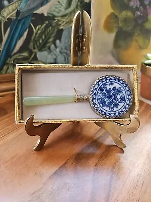 Vintage Porcelain Backed Hand Mirror Lt Green Stone Handle Blue & White 5  MCM • $22