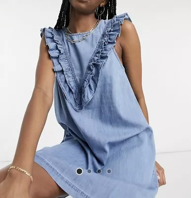 Warehouse Frill Dress In Mid Wash Denim - Size 10 Cotton Very Soft - Worn Once • £0.99