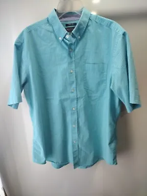 Mason James Sz Large Aqua Blue Check Short Sleeve Stretch Casual Shirt • $18.69