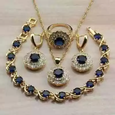 Lab-Created Sapphire 13Ct Round Cut Women's Jewelry Set 14k Yellow Gold Plated • $324.35