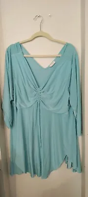 Monroe & Main Sz 2X Baby Blue Tunic Top Stretchy Flowy 3/4 Sleeve Ties In Center • $13.44