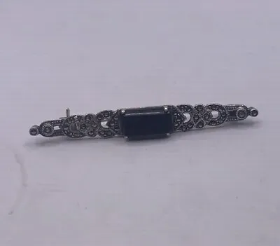 Sterling Silver 925 Onyx And Marcasite Brooch Pin  Vintage #512 • $15