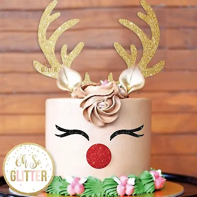 £3.99 • Buy Reindeer Antlers Cake Topper Eyes Nose, Christmas Cake Decoration Glitter Gold