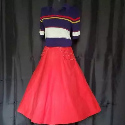 Vintage Red Full Circle Skirt 60s Pockets S/M Rockabilly • $15.99