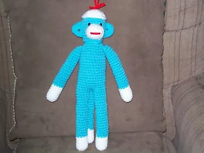 £24.46 • Buy Crochet 14 In Sock Monkey Blue Animal Toy Doll handmade Made To Order