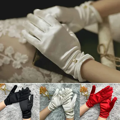 £3.64 • Buy Women Short Wrist Gloves Pearl Satin Full Finger Glove Party Wedding Bridal  