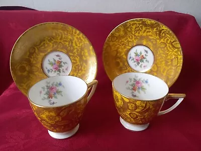 2 X Minton Brocade Demitasse Tea Coffee Cups Saucers Gold Yellow Gilded Vintage  • £24.95
