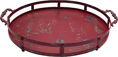 First Of A Kind Antique Oval Shaped Metal Tray With Handles In Red • $36.24