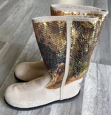 New Don Ed Hardy Tan Suede Sequin Boots Size 7 Glittery Gold • $19.99