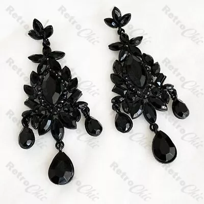 8cm Long BIG JET BLACK Chandelier EARRINGS Vintage Style Rhinestone Bead LARGE • £5.50