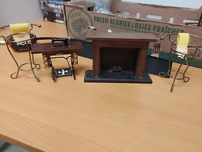Vintage Dollhouse Miniature Metal Sewing Machine 2 Stools Fireplace • $22.99