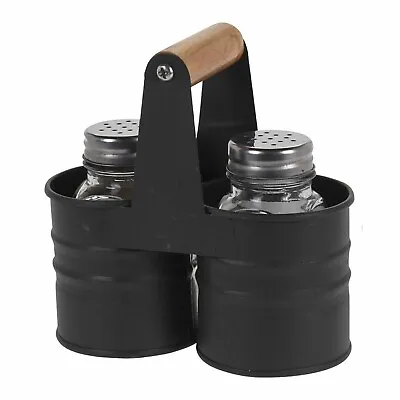 Salt And Pepper Shakers Set Glass Pots Cruet Jars And Metal Tin Storage Holder • £7.49