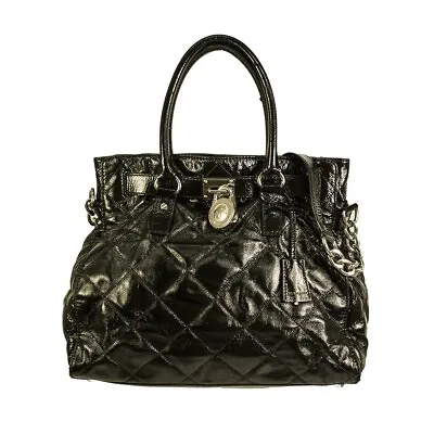 Michael Kors Hamilton Black Quilted Patent Leather Padlock Handbag Shoulder Bag • $269