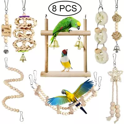 8Pack  Bird Wooden Swing Bell Cage Chew Toys Parrots Cockatiels Finches Budgie • £12.71