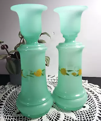 Victorian Bristol Glass Hand Painted Set Of 2 Green Bud Vases 9 Inches High • $73