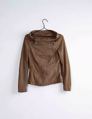 MUUBAA Brown High Neck Asymmetrical Zipper Goat Suede Jacket Women XS • $22.99