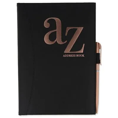 BLACK LEATHER ADDRESS BOOK Telephone  A-Z Index A5 Hardback Diary & Pen Included • £6