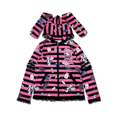 Goth Emo Punk Lolita Bunny Ear Black And Pink Stripped Lace Trimmed Hoodie Sz M • $59.99