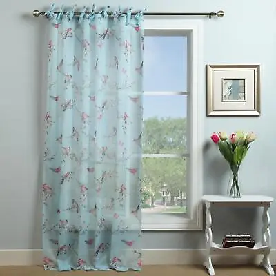 £9.95 • Buy Blue Blossom Tie Top Voile Panel Duck Egg Floral Bird Sheer Curtain Panels 