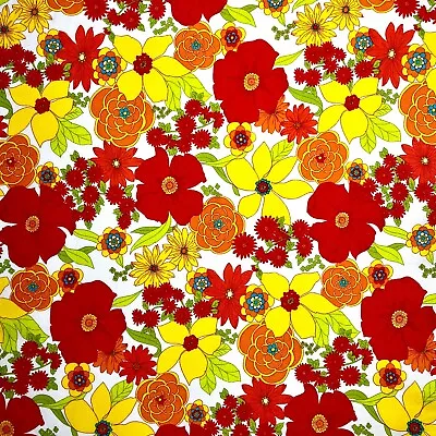 Bright Red Yellow Orange Flowers Fabric Vintage 1960s 1970s 100% Cotton 1/2 YARD • $6