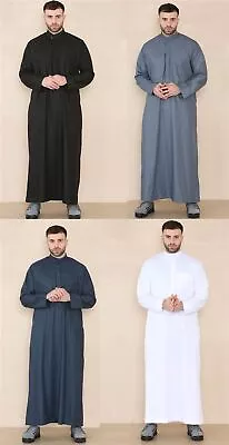 Mens Thobe Jubba Stand Collar Islamic Clothing Muslim Kaftan Eid Robe Saudi • £34.99