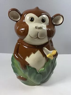 Pier 1 Cookie Jar Ceramic Monkey With Banana & Leaves Good Seal GUC • $29.95