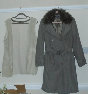 £3.99 • Buy Maine Fleece Lined Belted Coat With Pockets And Removable Fur Collar Size 14