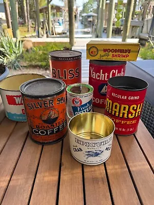 LOT OF 7 Vintage Metal Tins Plus 1 Box Coffee Oysters Crab Shrimp • $200