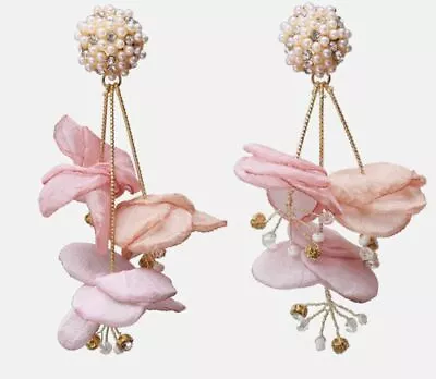 Zara Pink Peach Silk Pearl PETALS Crystal Gold Statement Flower Earrings NEW • £4.99