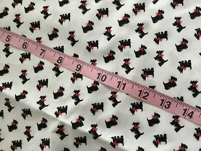 SCOTTY DOG COTTON QUILTING FABRIC 44X1Yd Black Dogs Red Bows On White NEW • $10